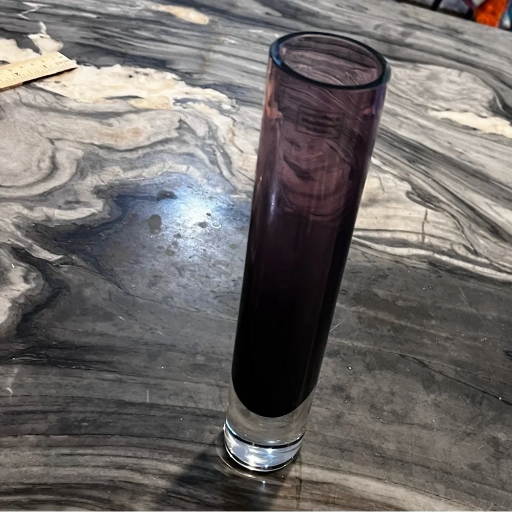 Hand Blown Polish Amethyst Purple Cylinder Vase Clear Bottom 8 1/2”
